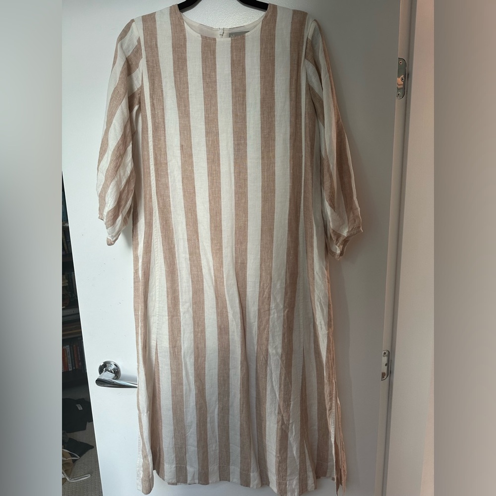 NWT Everlane linen striped midi dress with sleeves, size 2, tan and cream